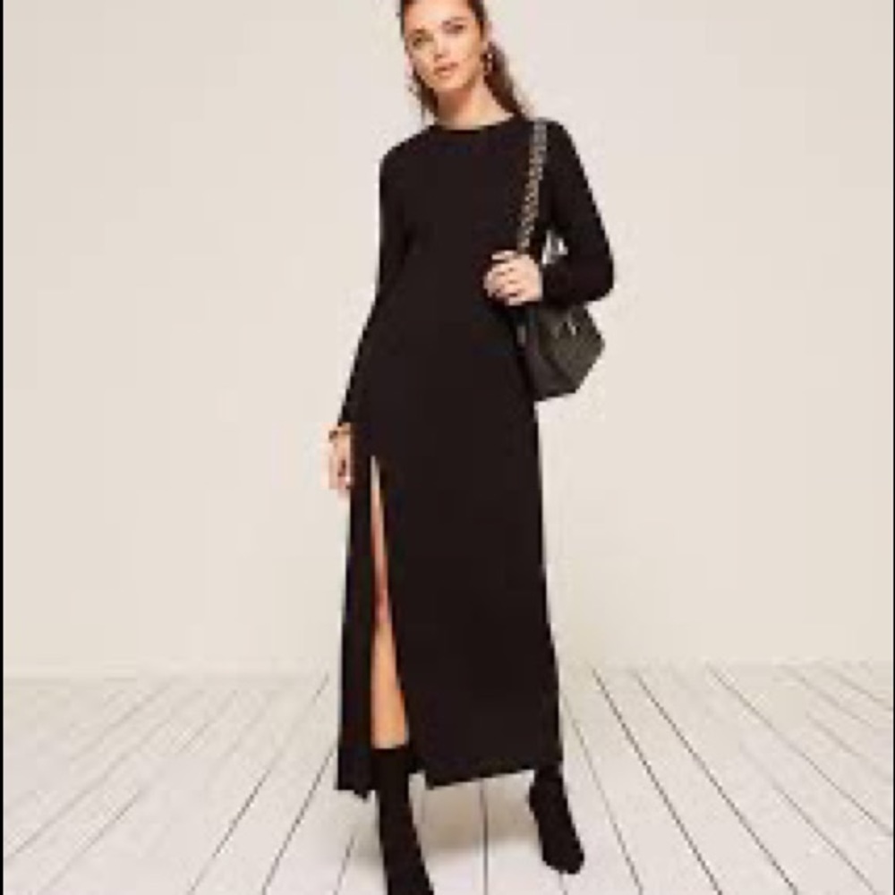 Reformation Anastasia Dress, Side Slit sweater maxi dress, Color Black, Size XS